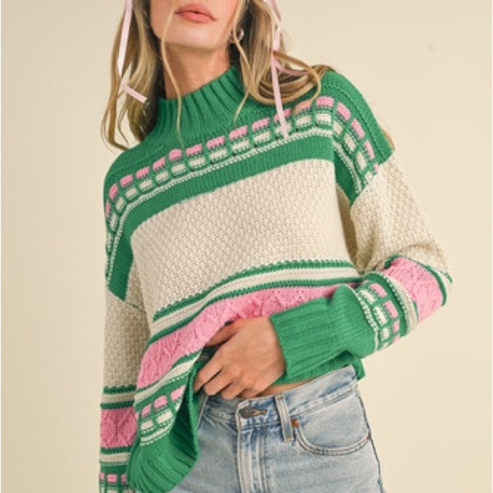 Altar'd State Green, Pink & Cream Patterned Crewneck Sweater